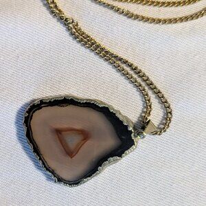 Natural Agate Slice Pendant Necklace - Earthy Geode Stone with Curb Chain